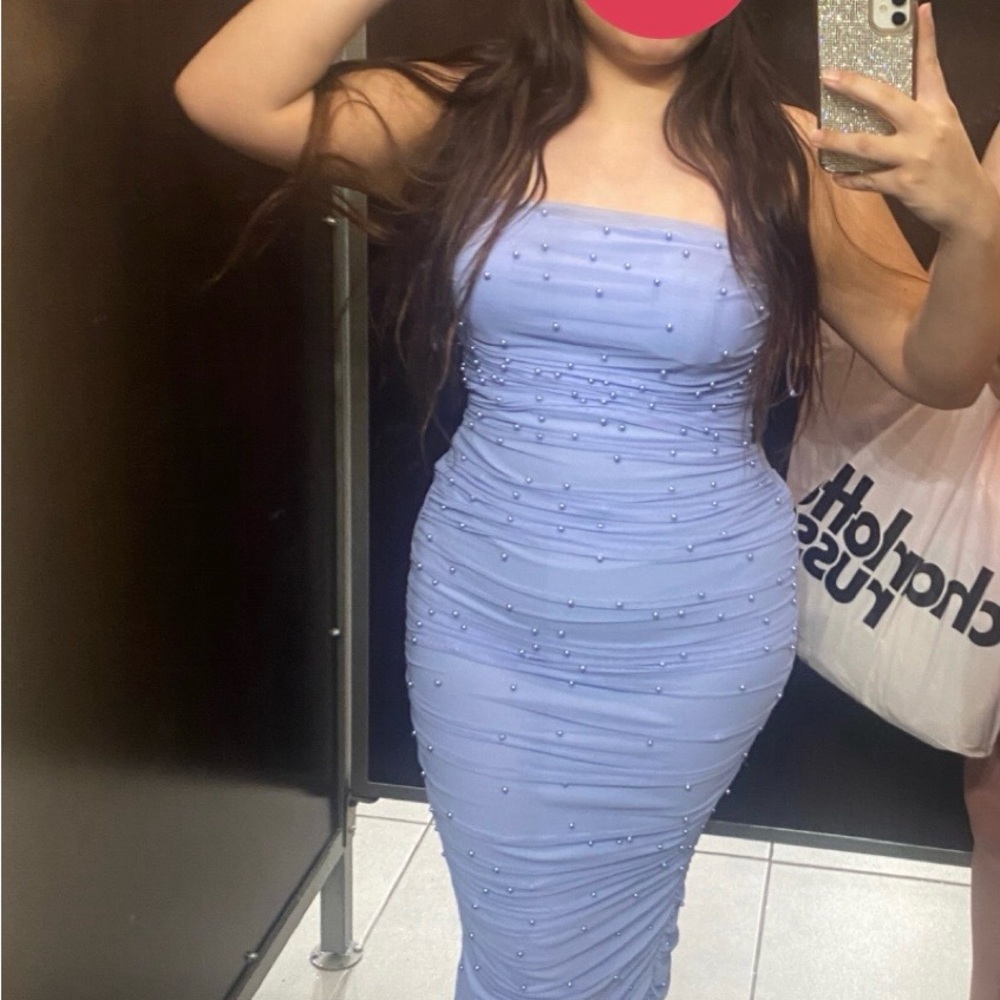 Windsor Blue Ruched Strapless Bodycon Dress